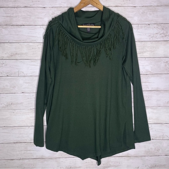 French Laundry Green Fringe Cowl Neck Sweater Large - Picture 2 of 5